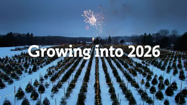 Winter tree farm with fireworks