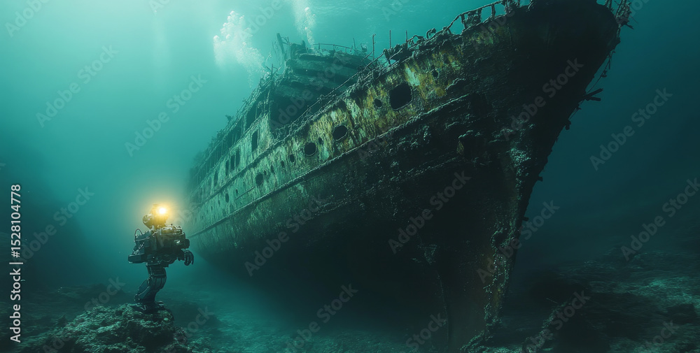 Poster a robotic submarine is conducting an exploration of an ancient shipwreck submerged in deep ocean wat