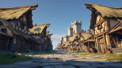 Fototapeta premium Low-Poly Medieval Village Street with Castle Towers at Sunrise