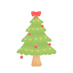 New Year tree with a bow on the top and red Christmas tree toys. Element of the New Year.