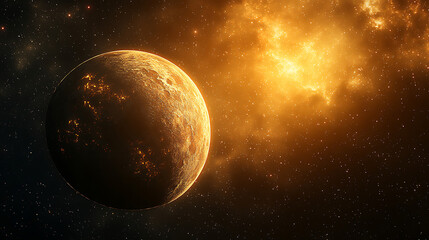 Obraz premium Fiery Exoplanet Orbiting a Golden Nebula in Deep Space