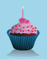 Creamy happy birthday pink cake with candle Vector Illustration