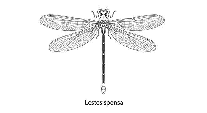 Detailed Black and White Illustration of a Lestes Sponsa Dragonfly