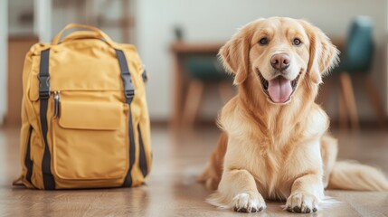 A cheerful golden retriever lies on a wooden floor beside a bright yellow backpack, embodying friendship and loyalty in a cozy home environment filled with warmth.