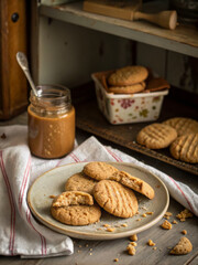 Plate of Freshly Baked Peanut Butter Cookies with Peanut Butter Jar and Crushed Peanuts in Cozy Kitchen