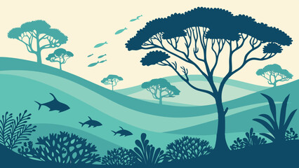 Submerged rainforest with marine life. Flat green tree silhouettes floating among teal waves. Coral-shaped bushes, fish as 'birds'. Gradient seafloor from sand to deep blue. Dreamlike aquatic fusion.