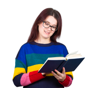 Happy student girl holding an open book reading pages and smile. Female teacher wearing eyeglasses, portrait isolated on transparent background
