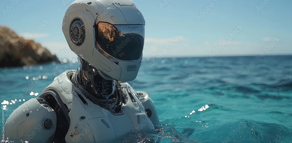 Poster a sleek diving robot emerges from the tranquil ocean surface, showcasing its advanced design for dee