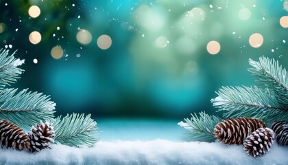 a winter scene with snow piled on blue pine branches and pine cones glowing green bokeh background with snow falling copy space winter christmas new year year end holiday background