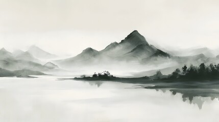 Serene Minimalist Painting of Misty Mountains and Still Waters, Capturing Tranquility and Reflection