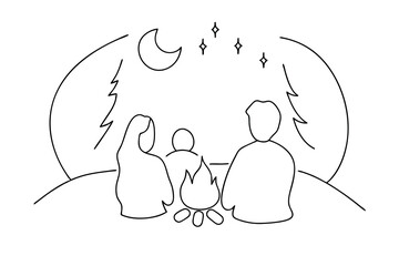 Family campfire night line drawing moon stars trees