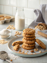 Stacked Peanut Butter Cookies with Milk, Flour, and Eggs on a Kitchen Counter