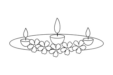 Three candles and flowers on a tray line drawing