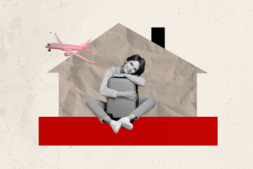 Trend artwork creative sketch 3D photo collage of young lady sit hold baggage flight house...