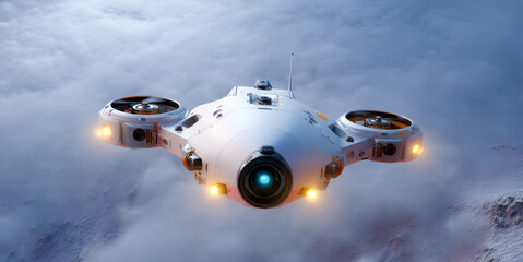 In a dramatic moment, a robot spacecraft hovers above a cloud-covered planet, embarking on an exploration mission. Bright lights illuminate the craft as it searches for signs of life and resources.