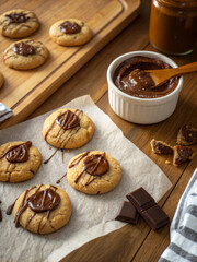 Peanut Butter Cookies with Chocolate Drizzle and Fudge Centers on a Wooden Baking Tray