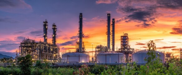 The industrial refinery illuminated by a vibrant sunset backdrop.