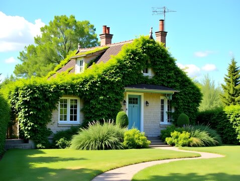 Summer cottage in lush greens. A charming cottage enveloped in vibrant green vines under a clear blue sky during summer.