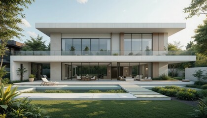 A modern, sleek home with lots of glass windows and a minimalistic style that includes a huge outside space with lush vegetation and contemporary landscaping