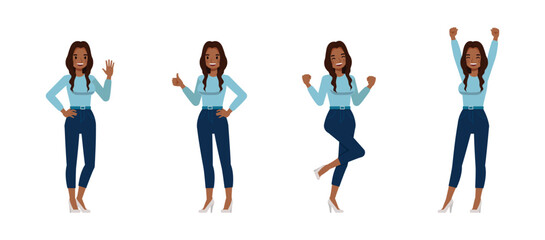 Black businesswoman with long wavy hair wear blue shirt character vector illustration design set. Women express positive emotions happiness, pride, joy.