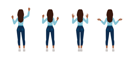 Black businesswoman with long wavy hair wear blue shirt. Women working and presentation in various action flat character vector illustration design set.