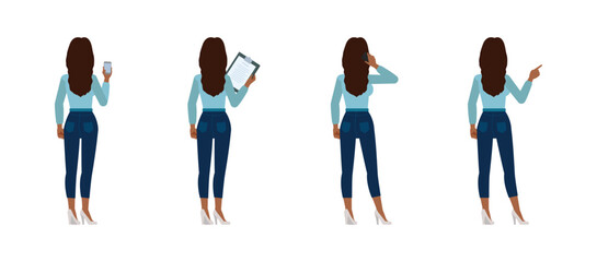 Black businesswoman with long wavy hair wear blue shirt. Women working and talk on phone flat character vector illustration design set.