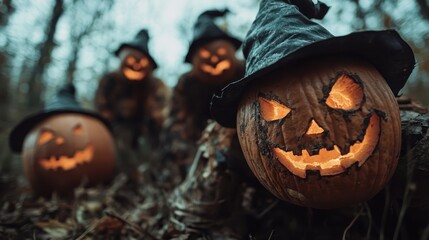 A haunting scene of carved pumpkins wearing witch hats set in a forest at twilight. Their glowing faces convey a sense of spooky fun, perfect for celebrating Halloween.
