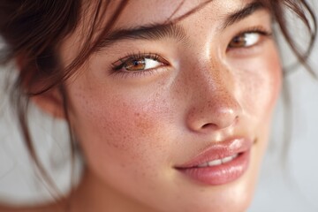 Fototapeta premium Beautiful Asian Woman with Flawless Skin Close-Up in High-Resolution Wide Shot