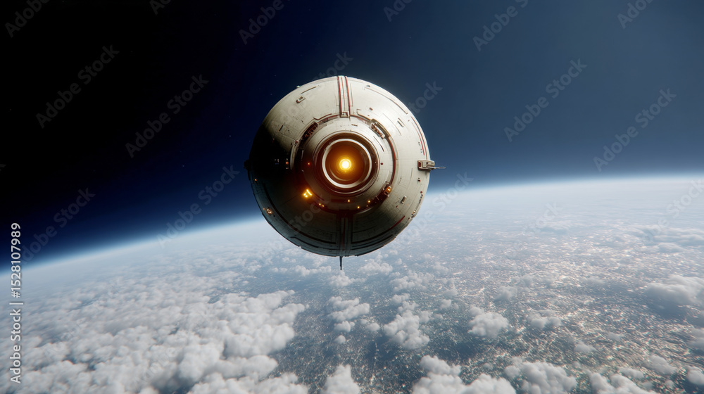 Poster a robotic exploration craft hovers just above a planet's atmosphere, conducting an expedition in spa