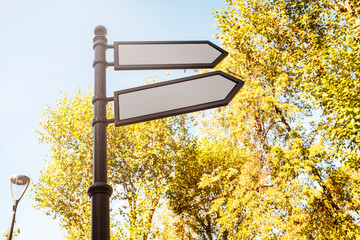 A signpost in a park with several empty arrows against a background of foliage.