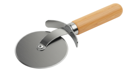 Isolated Stainless Steel Pizza Cutter with Wooden Handle