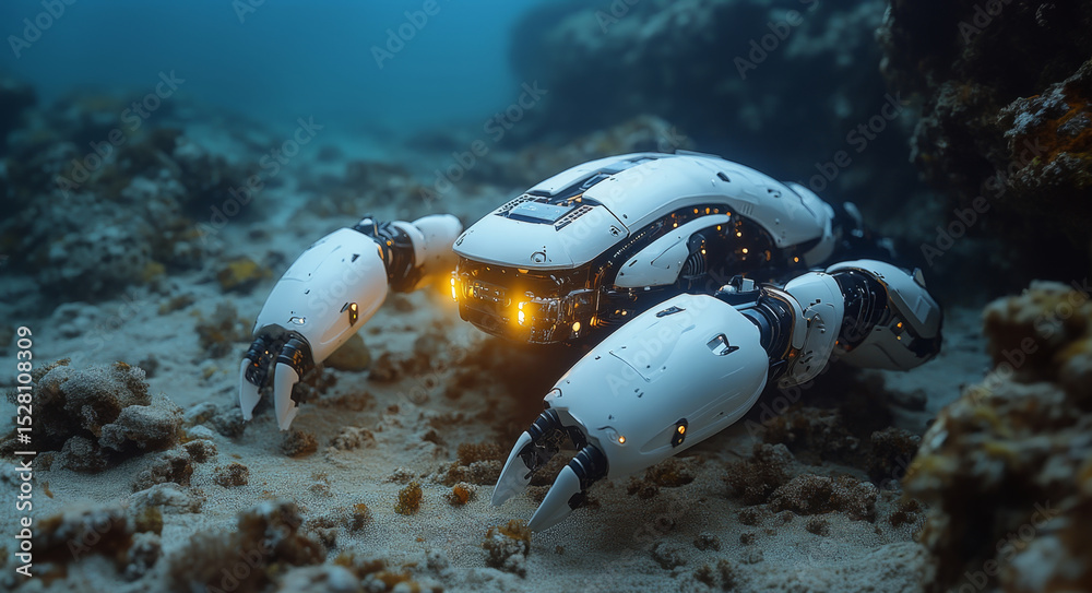 Aufkleber a sophisticated underwater robot navigates the ocean floor, exploring marine life and hidden formati