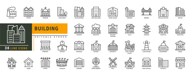 Minimalist Building line icons set with editable stroke, featuring factory, mosque, apartment, stadium, skyscrapers, museum, school, university, church, mill, wind, pagoda, thin linear illustration.