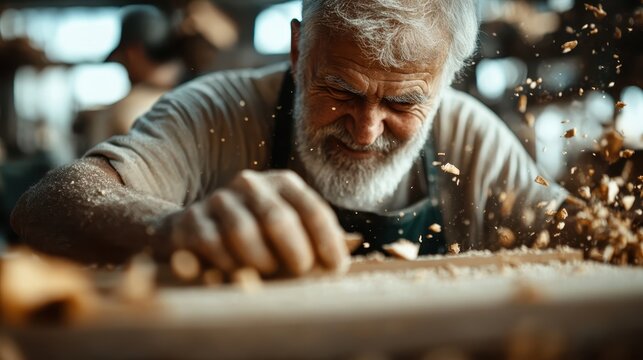 An elderly craftsman meticulously shapes wood in a workshop filled with the warmth of sunlight, showcasing intense focus and expertise in his woodworking skills and artistry.