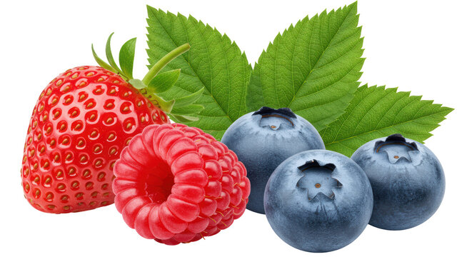 Isolated Fresh Mixed Berries Strawberry Raspberry and Blueberries