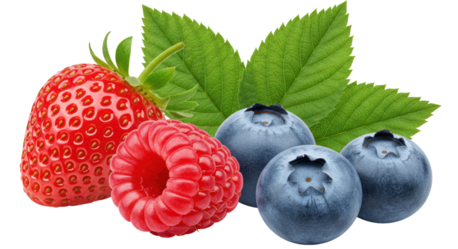 Isolated Fresh Mixed Berries Strawberry Raspberry and Blueberries