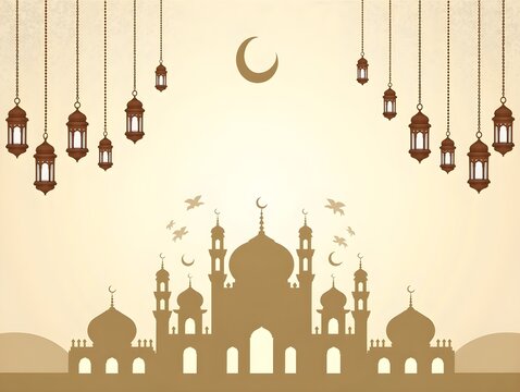 Festive Eid Mubarak design with Islamic elements background, featuring hanging lanterns, mosque silhouette, and crescent moon