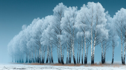 A birch tree grove in snow, white trunks with dark markings repeating in rhythmic vertical lines, muted steel blue background and overcast sky add calmness. 