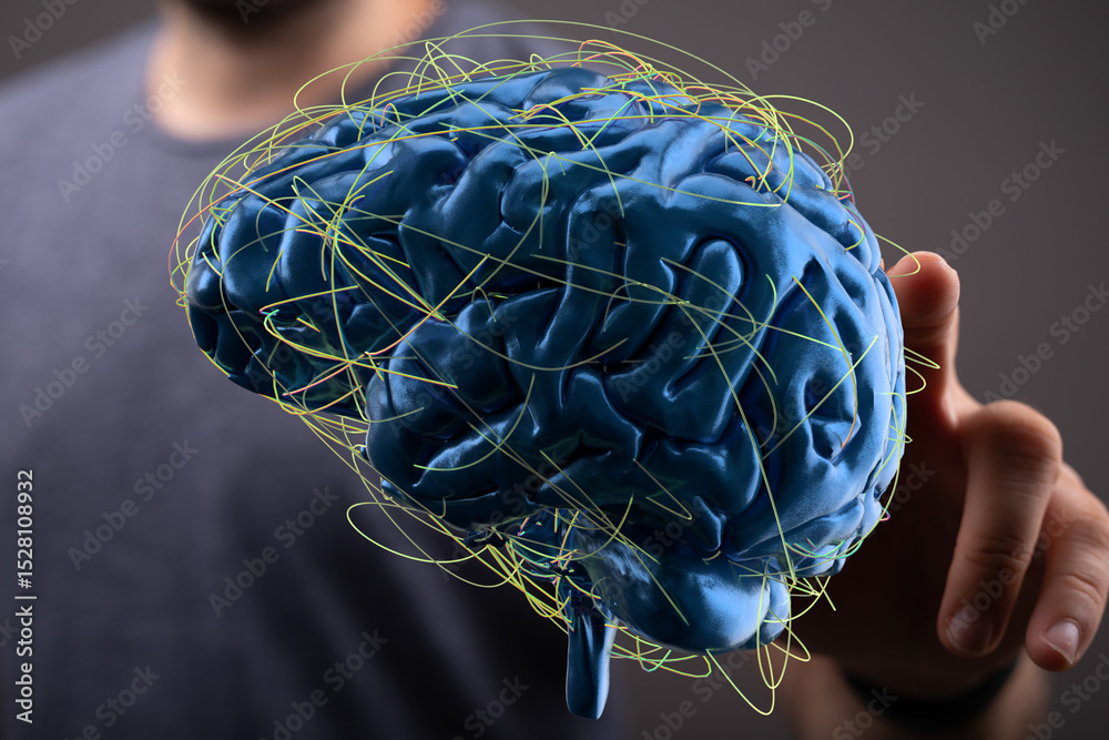 Poster 3D rendering of a human brain with neural network connections.  Perfect for AI, technology, and neuroscience concepts.