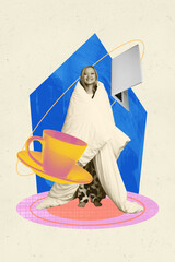 Art image vertical pop photo collage of happy businesswoman freelancer stand home laptop coffee cup...