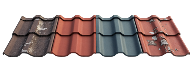 A row of four different colored roof tiles