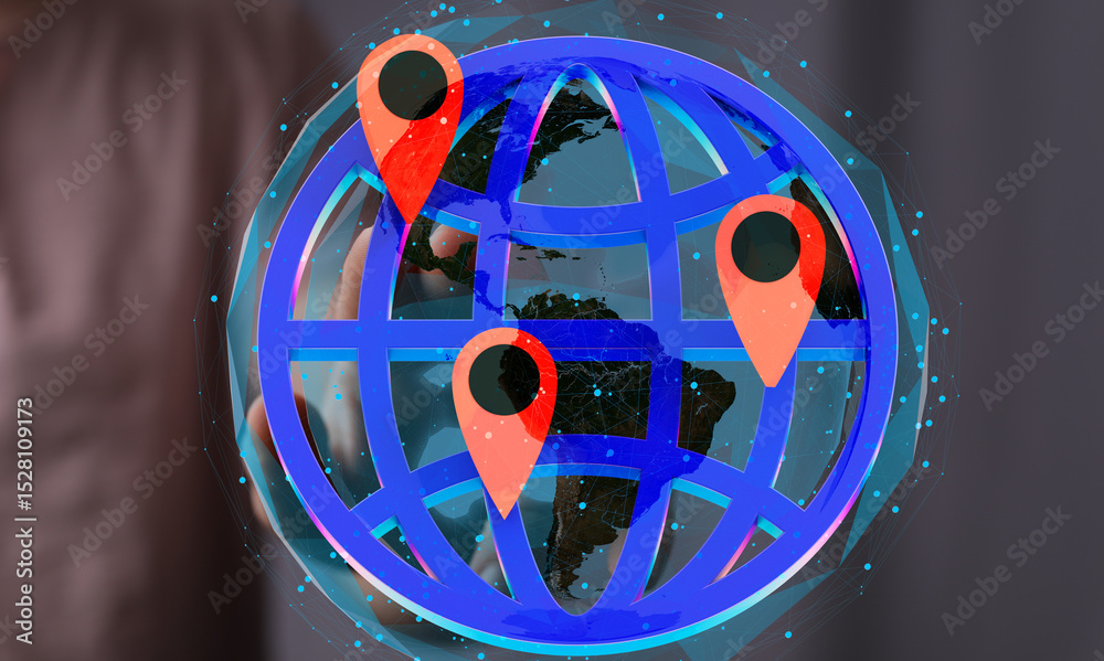 Poster high-quality stock photo of a digital globe with location markers, representing global reach and con