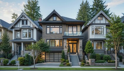 Lovely home exterior design of diverse and visually appealing residential fronts. Vancouver neighborhood new contemporary homes. Canadian modern residential architecture. Street shot