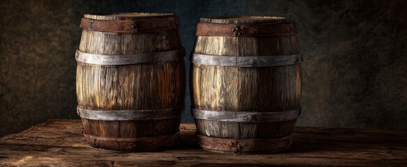 Naklejka premium The two rustic wooden barrels standing on a textured wooden table.