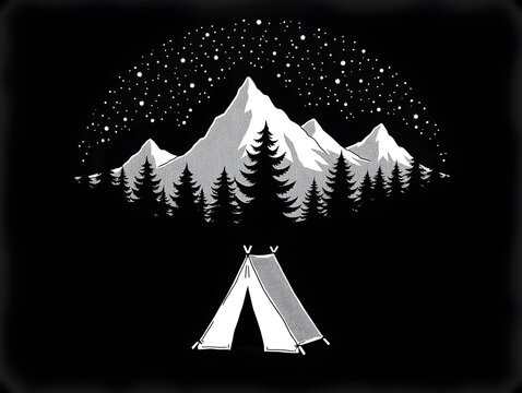 Black white camping emblem night sky tent and mountains