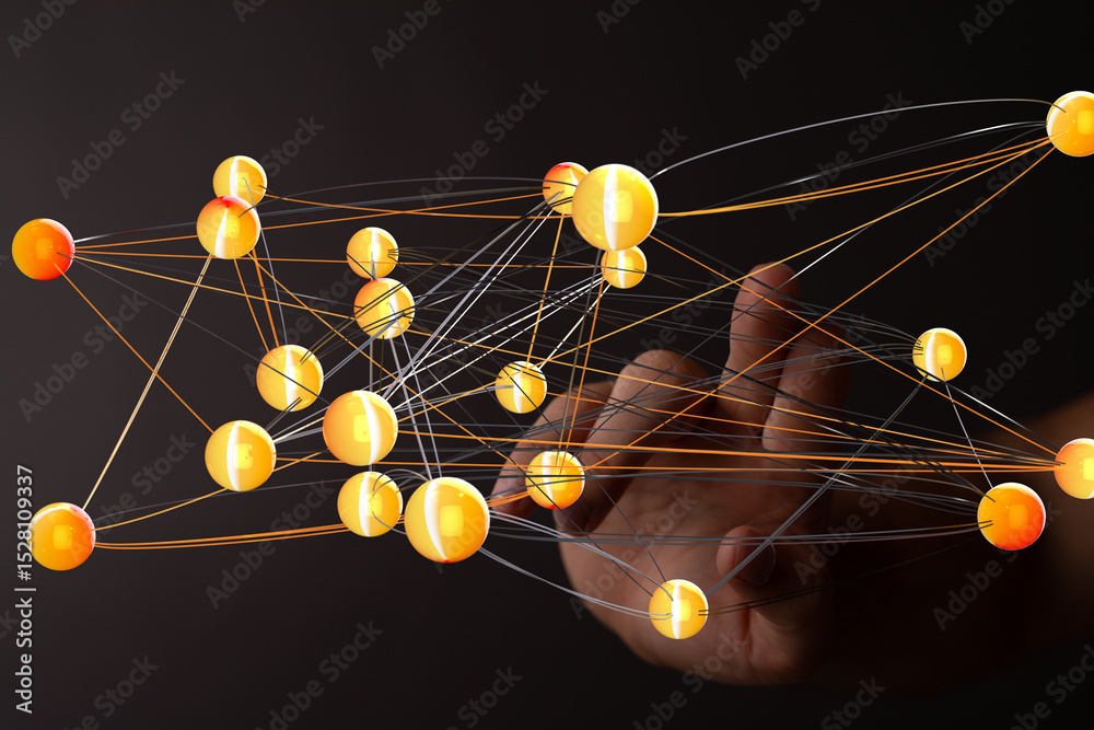 Poster Abstract image of a hand interacting with a network of glowing nodes. Represents connection, technology, and innovation.