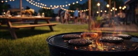 The grill sizzling with burgers in a cheerful summer night gathering.