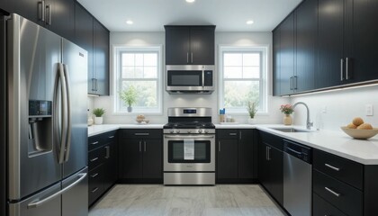 Stainless steel appliances and dark cabinets characterize this clean, modern, minimalist kitchen.