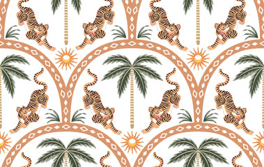 Tiger animal, arch, tropical palm tree, sun seamless pattern. Boho floral wallpaper.	