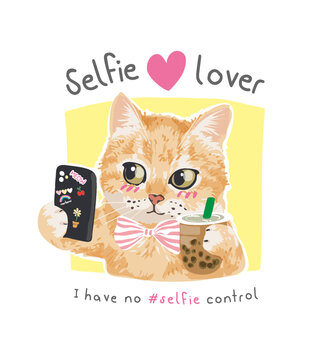 cute kitten taking selfie with bubble tea cartoon vector illustration